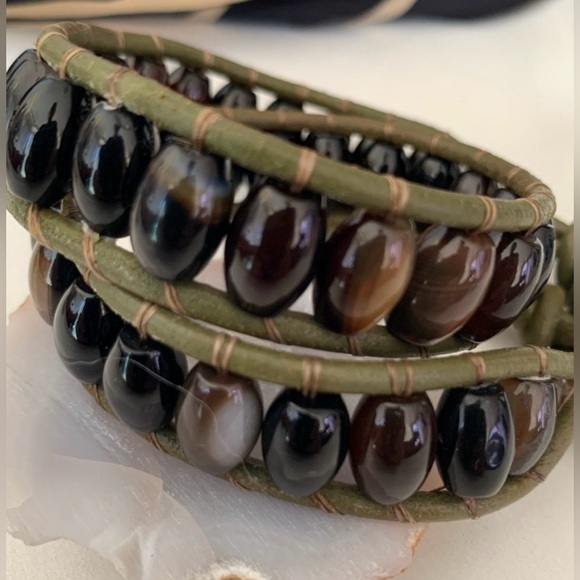 Hand Crafted Jewelry - Hand made Agate stone leather wrap Brown and green Beaded Bracelet